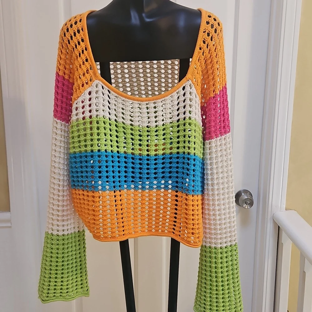 WILD FABLE Womens Sweater Open Knit Boho Crochet Crop Colorful 70s Style - XL
